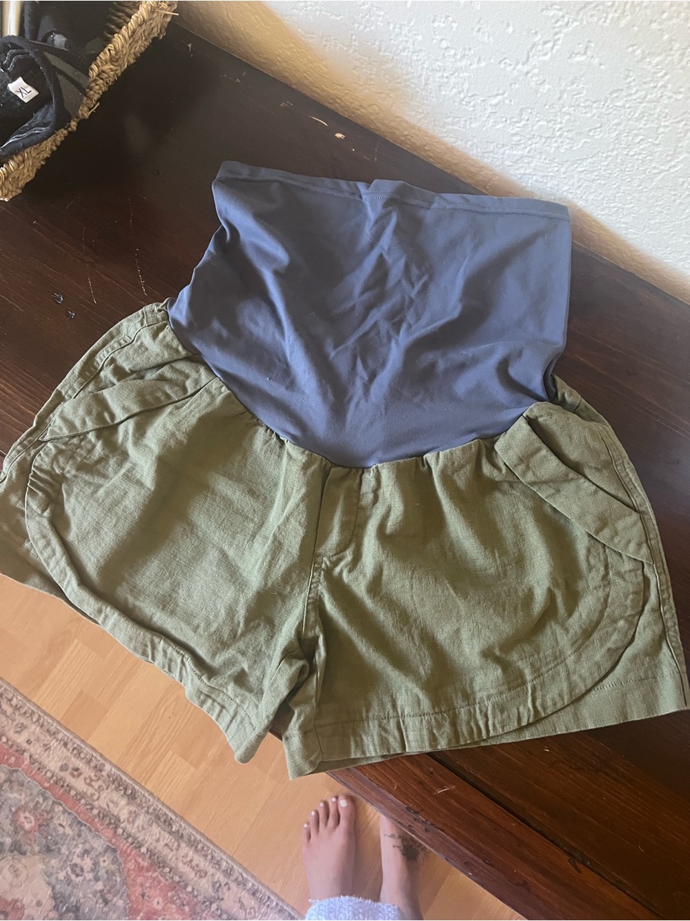 Maternity Olive Green Linen-Blend Shorts with Dark Gray Waist Panel